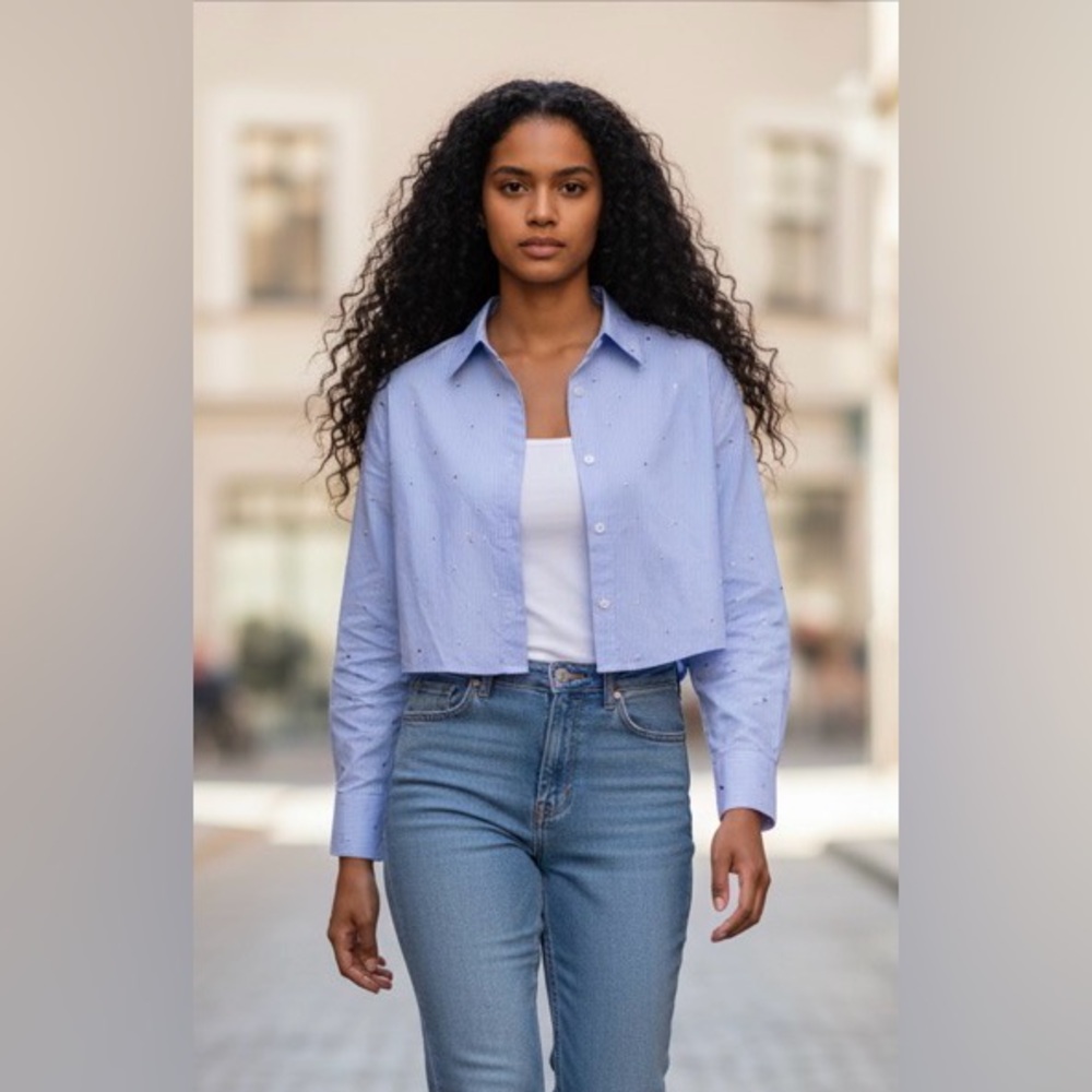 Maeve by Anthropology light blue pin stripe rhinestone long sleeve crop top